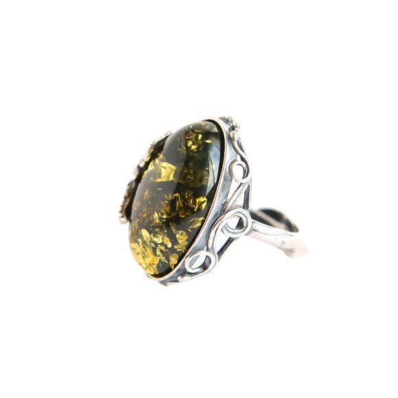 Baltic Green Amber Grape Leaf Statemnet Ring in 925 Sterling Silver - Picture 5 of 9
